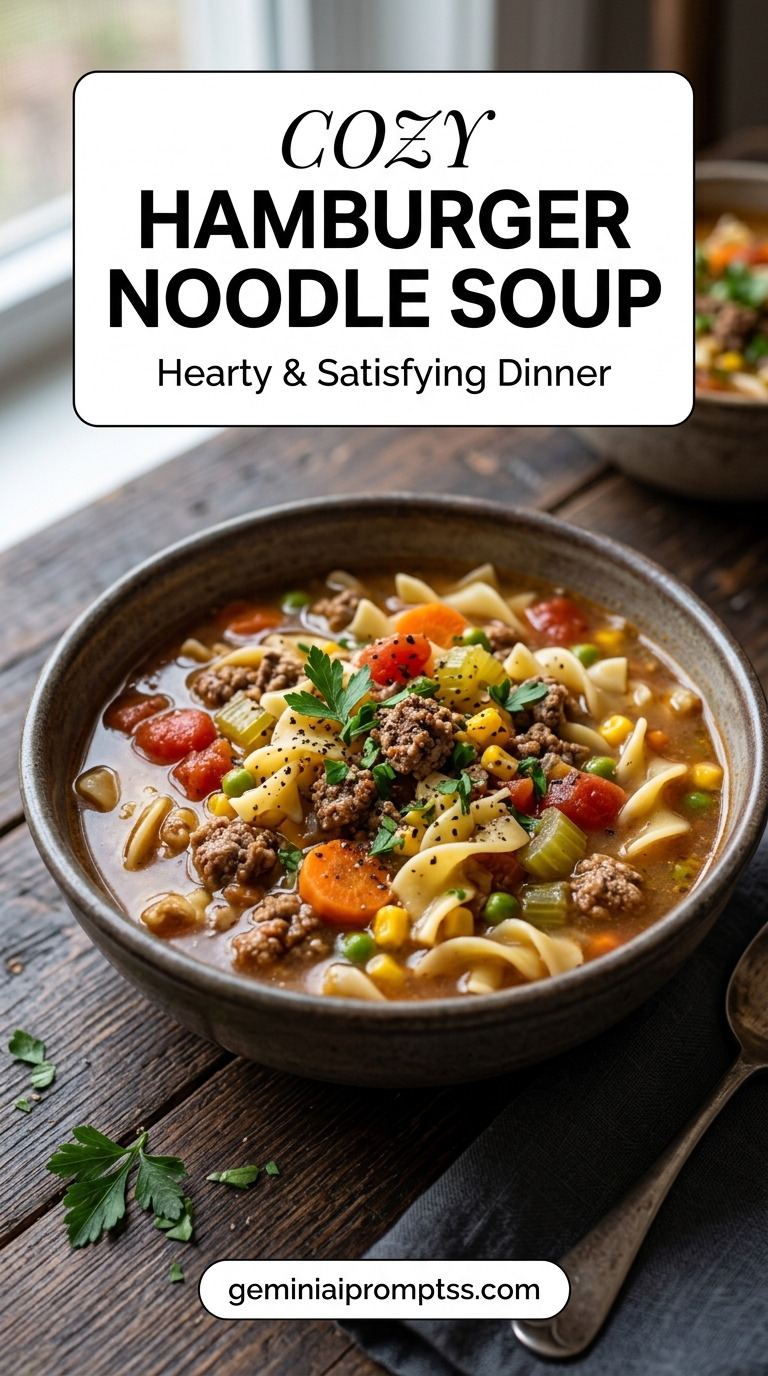 Hamburger Noodle Soup showing hamburger noodle soup with wide noodles, beef, carrots, celery, corn, tomatoes, and parsley