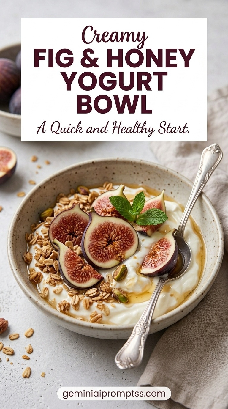 Fig Yogurt Bowl showing Greek yogurt with fresh figs, granola, walnuts, sesame, honey, and mint