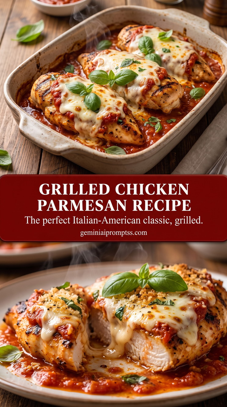 Grilled chicken parmesan recipe showing golden Parmesan-crusted chicken with a crisp browned coating