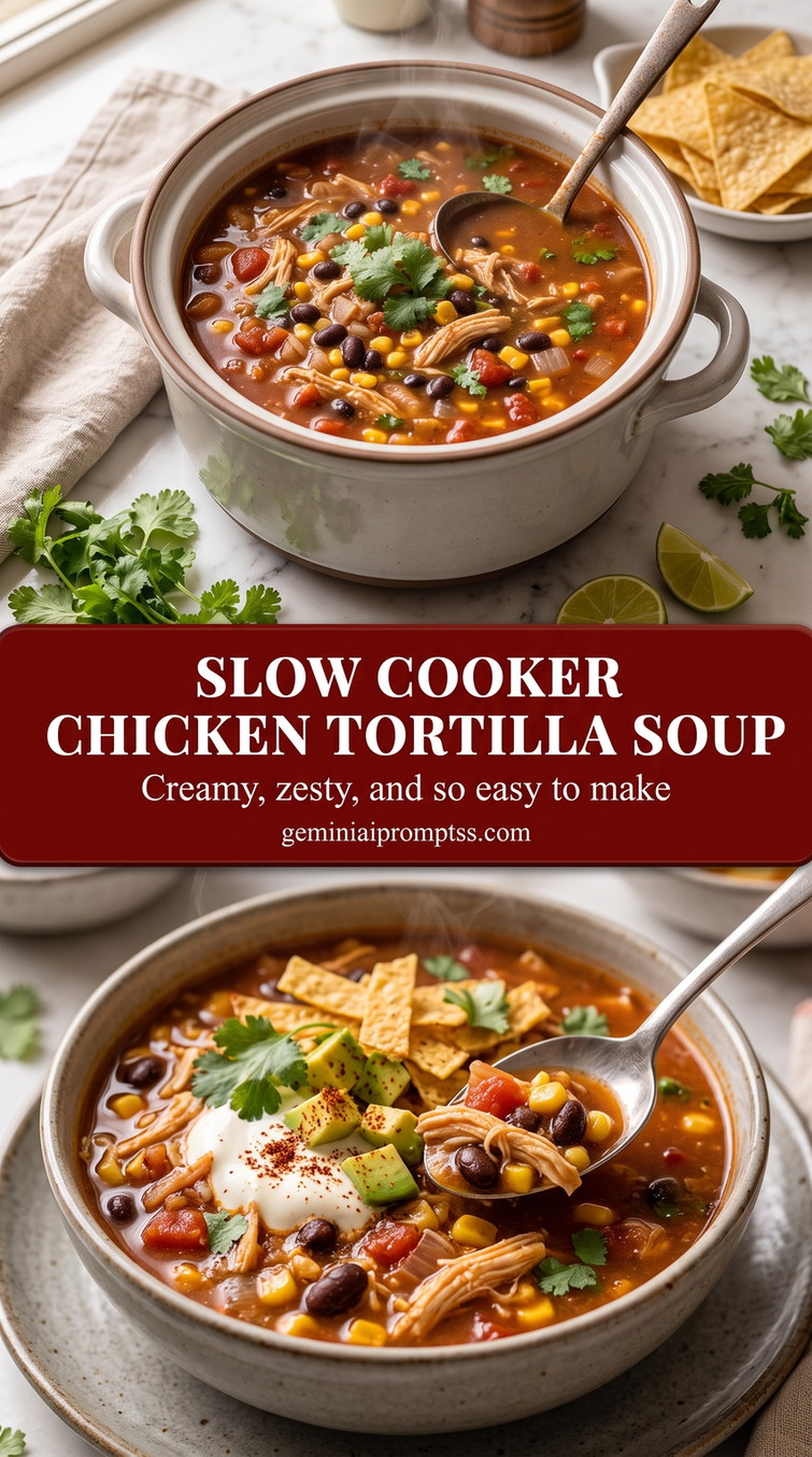 Slow Cooker Chicken Tortilla Soup with red chicken tortilla soup with black beans, corn, crisp tortilla strips, avocado, and fresh green garnish