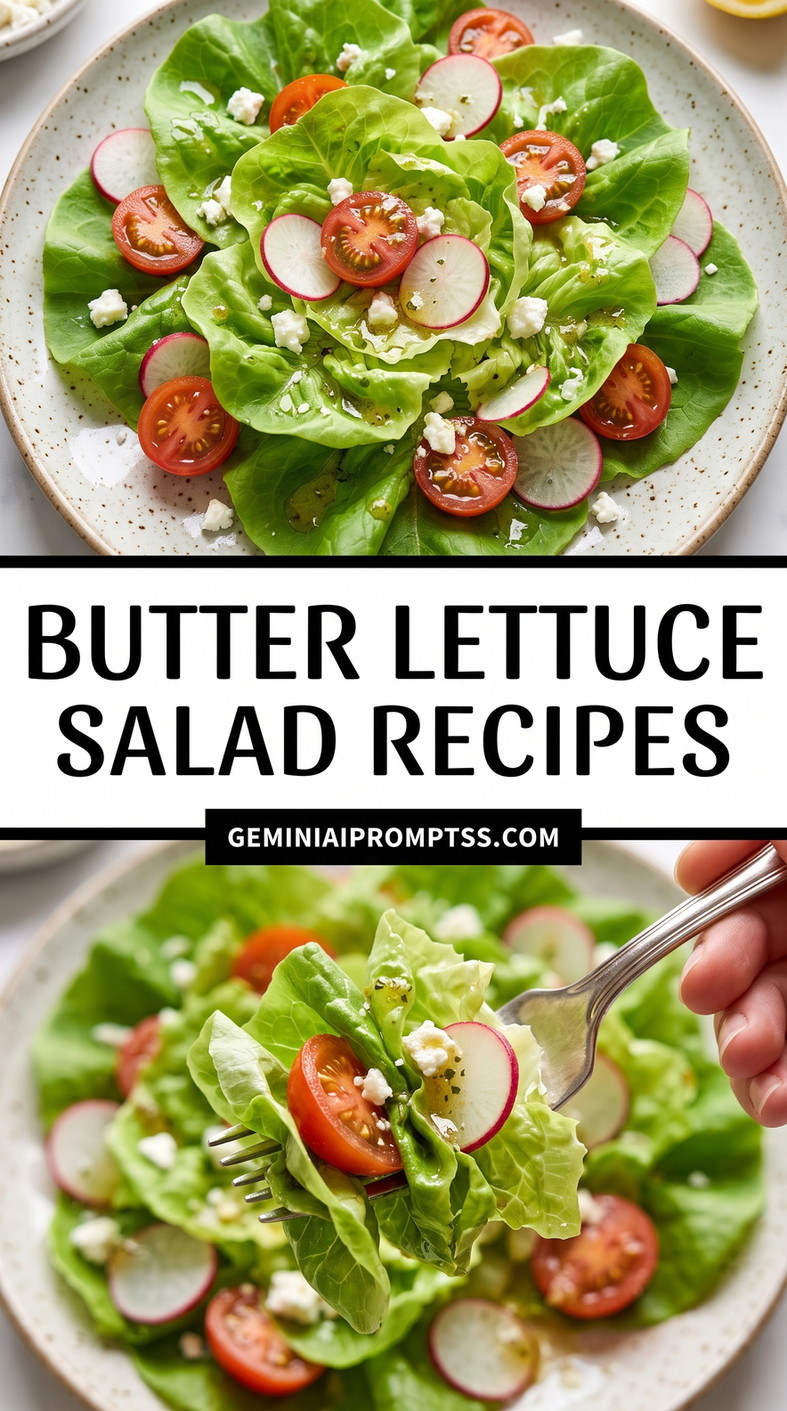 Butter Lettuce Salad Recipes showing soft cup-shaped butter lettuce leaves with tomatoes, radishes, cucumber and crumbled white cheese