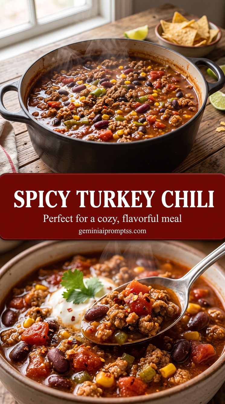 spicy turkey chili recipe with a spicy turkey chili with ground turkey, beans, corn, tomato, peppers, sour cream, cilantro, and chile