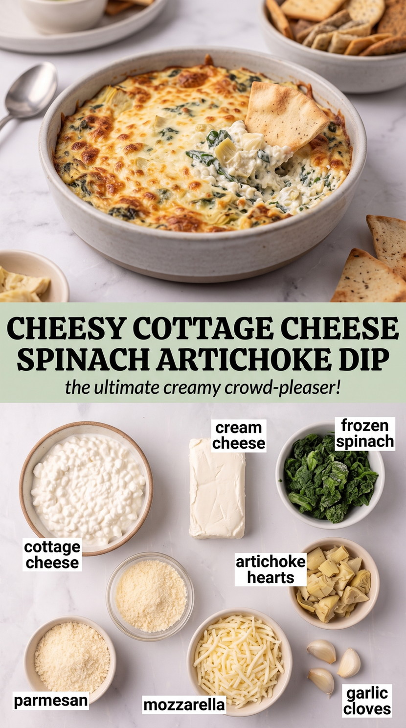 Cottage cheese spinach artichoke dip finished dish made with cottage cheese, cream cheese, and frozen spinach
