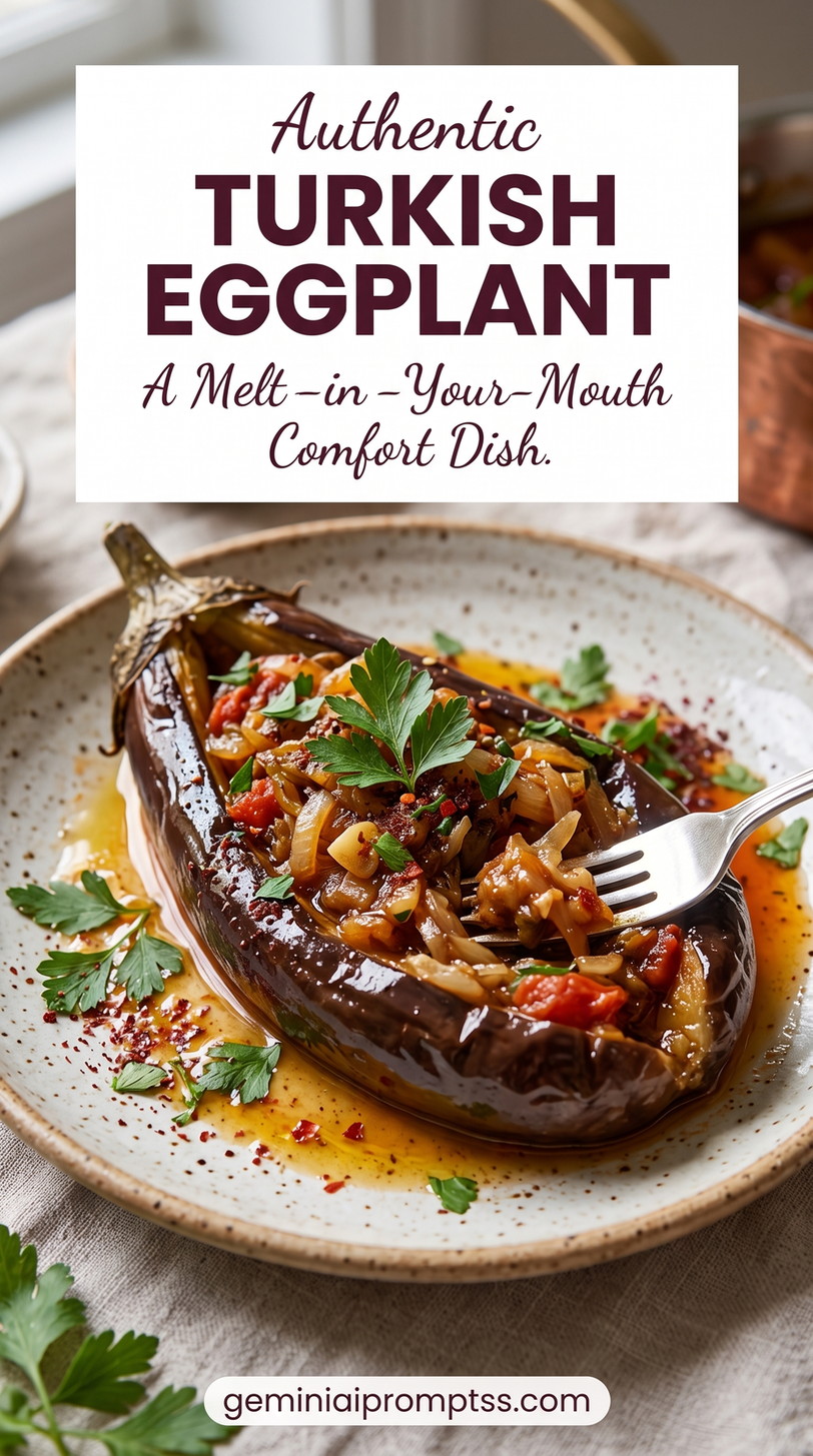 Turkish Imam Bayildi Stuffed Eggplant showing whole split eggplants stuffed with tomato, onion, pepper, and herbs