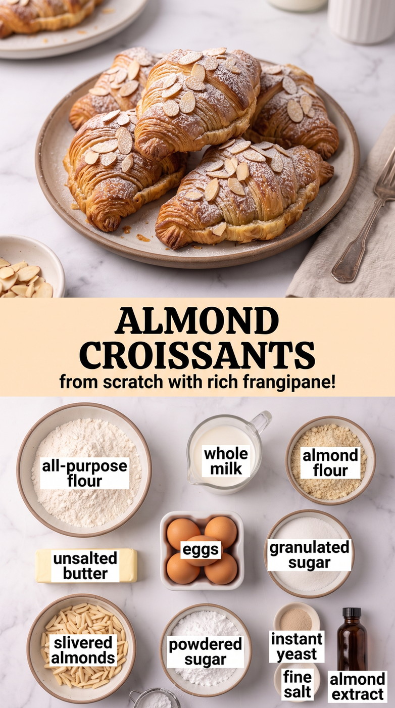Almond Croissant Recipe from Scratch showing from-scratch laminated croissants filled with rich almond frangipane