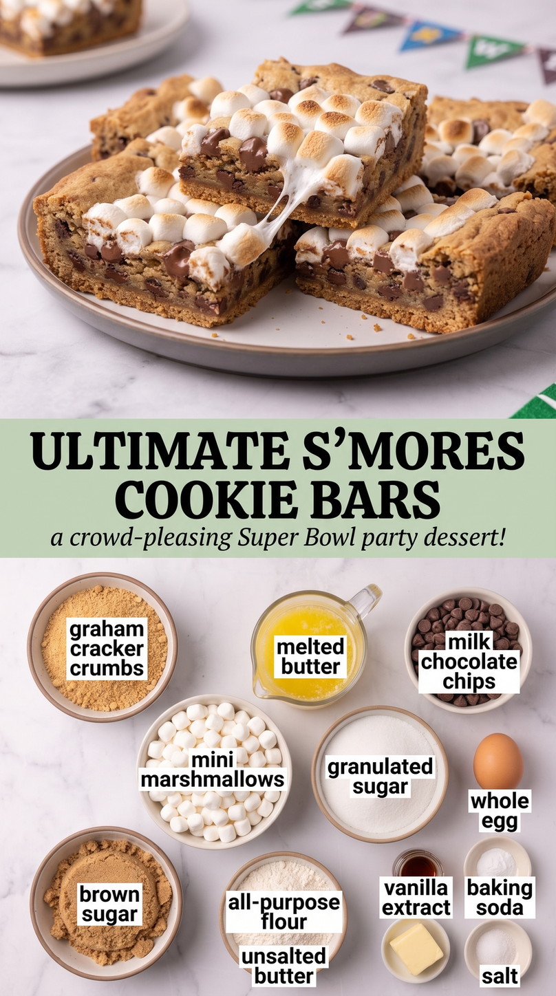 Super Bowl Party Food Desserts showing golden s'mores cookie bars with melted chocolate and toasted marshmallows