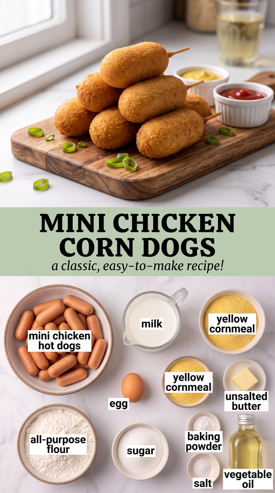 Kid-friendly Super Bowl Party Food with kid-friendly mini chicken corn dogs with a crisp golden cornmeal batter