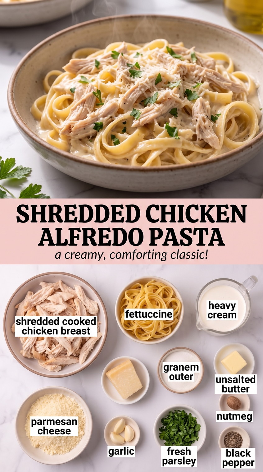 Shredded chicken alfredo pasta showing creamy pasta coated in Parmesan sauce with tender chicken