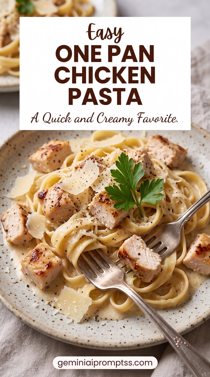 One Pan Chicken Alfredo Pasta with chicken, short penne, a creamy Parmesan sauce, grated cheese, and fresh green herb garnish
