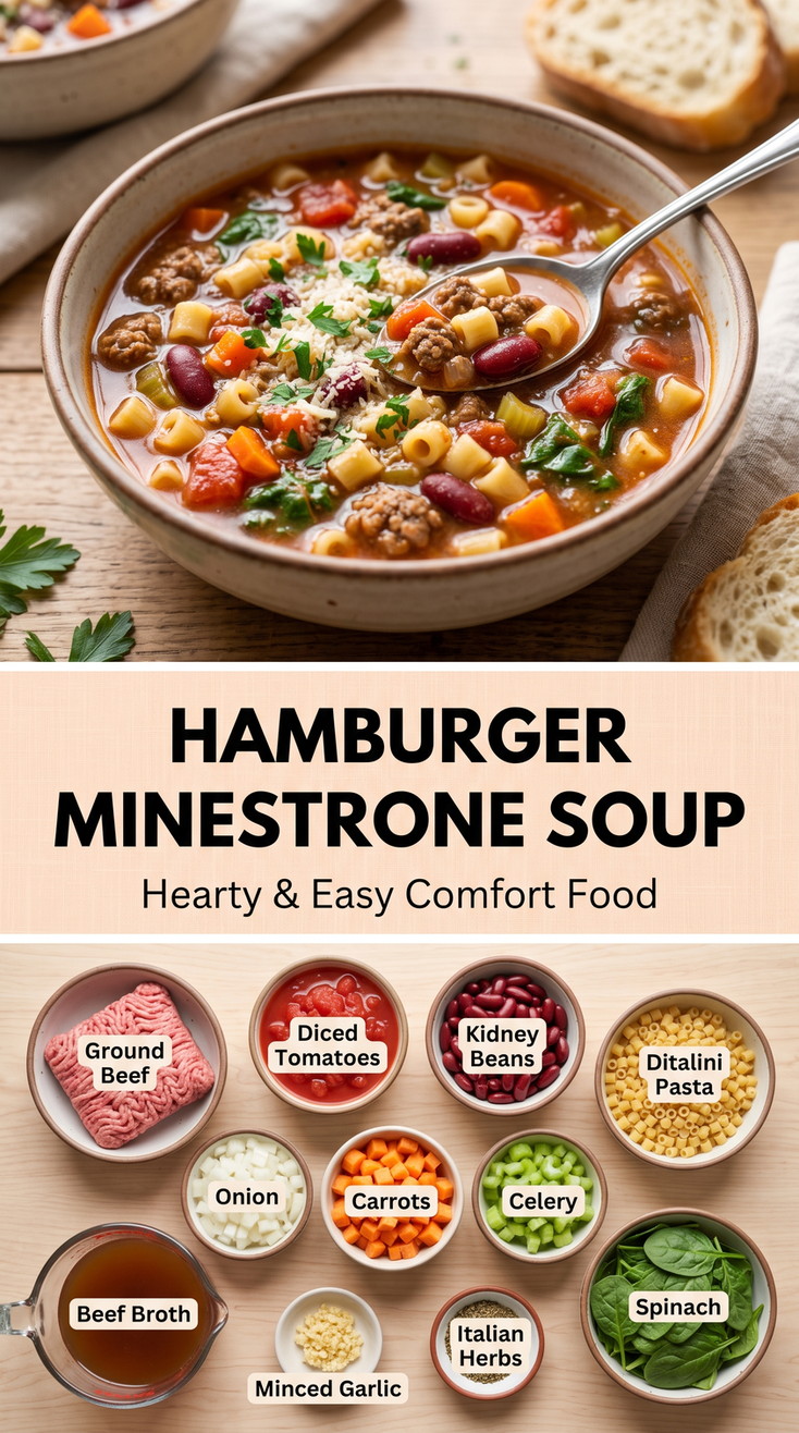 Hamburger Minestrone Soup with hamburger minestrone with ditalini, kidney beans, spinach, tomatoes, and vegetables