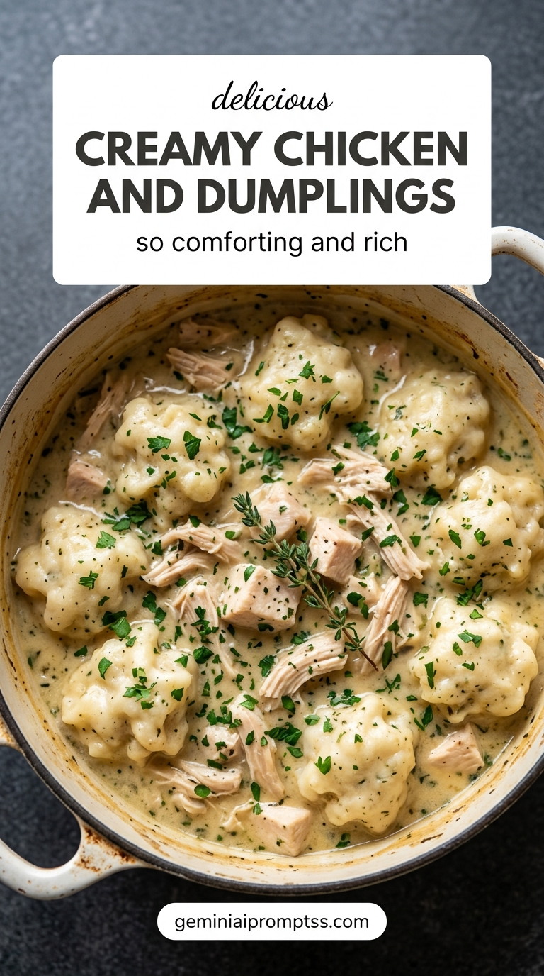 Creamy Chicken and Dumplings showing very creamy chicken and dumplings with tender chicken, plump dumplings, and a generous green herb finish