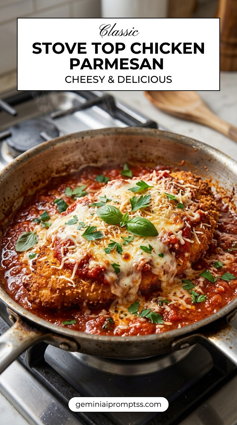 Chicken Parmesan Recipe Stove Top finished dish with marinara sauce, melted cheese