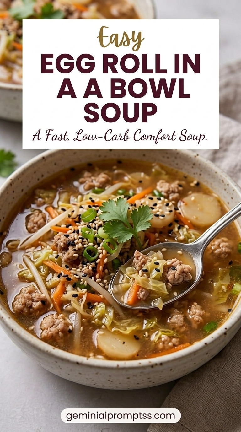 Egg Roll in a Bowl Soup showing a brothy egg-roll-style soup with ground pork, cabbage, carrots, mushrooms, scallions, and sesame