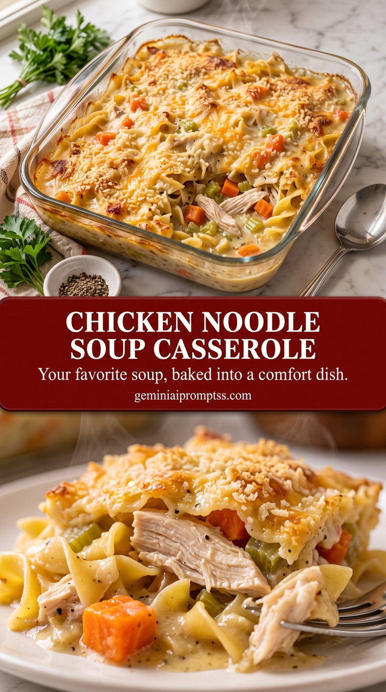 Chicken Noodle Soup Casserole with Buttery Crumbs finished dish with chicken noodle soup casserole with buttery crumbs