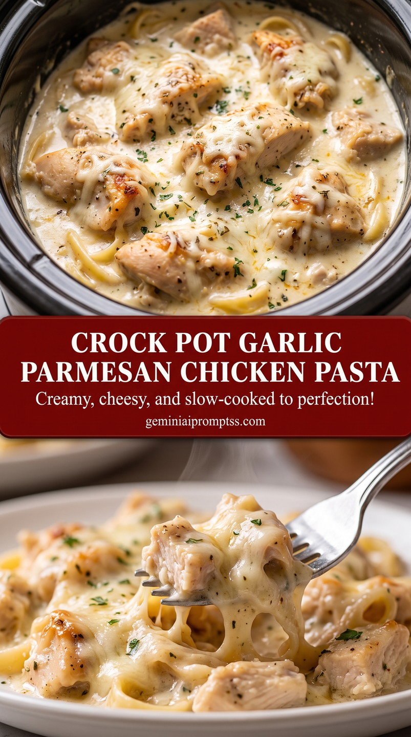 slow-cooker garlic Parmesan chicken pasta with slow-cooked chicken, pasta, garlic, and a creamy Parmesan sauce