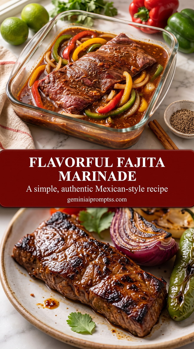 Fajita Marinade Recipe with well-browned fajita meat with peppers, onion, lime, and a dark savory marinade