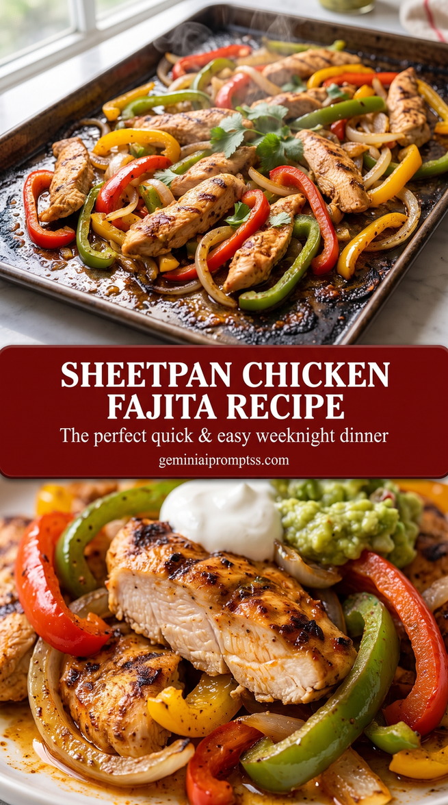 Sheetpan chicken fajita recipe showing seared fajita protein with colorful peppers and onions