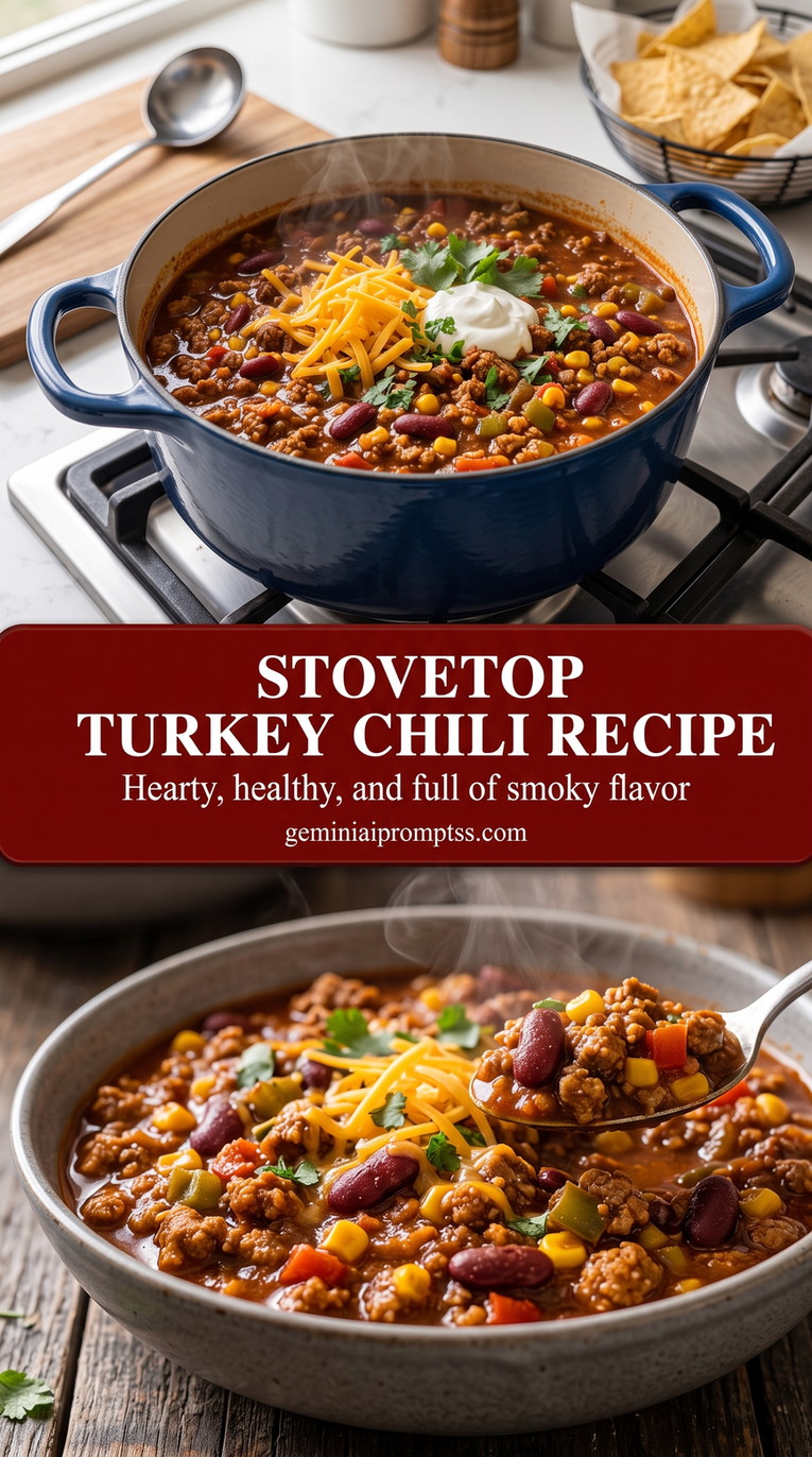 stovetop turkey chili recipe with a stovetop turkey chili with ground turkey, kidney beans, corn, peppers, tomato, cheddar, sour cream, red onion, and herbs