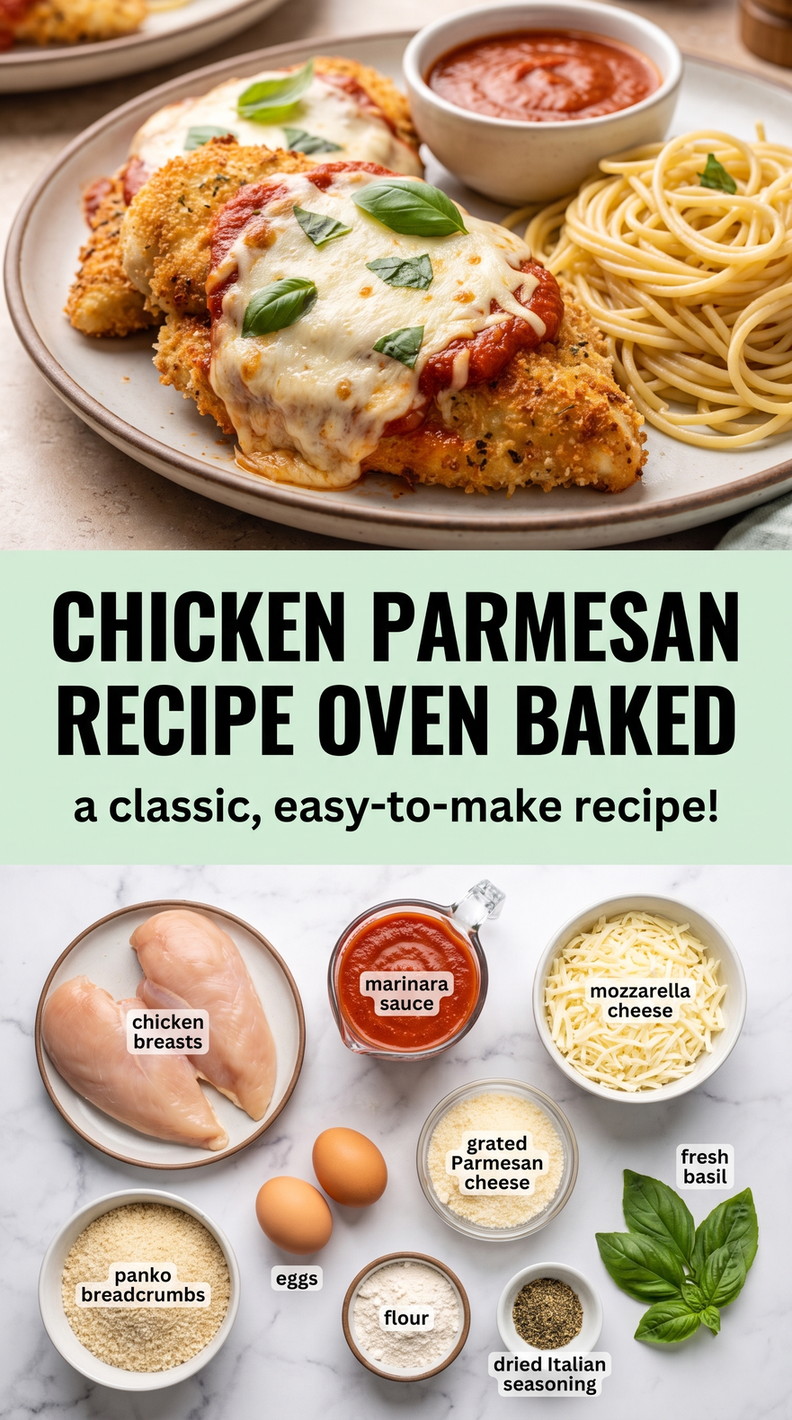 Chicken Parmesan Recipe Oven Baked - golden Parmesan-crusted chicken with a crisp cheesy coating