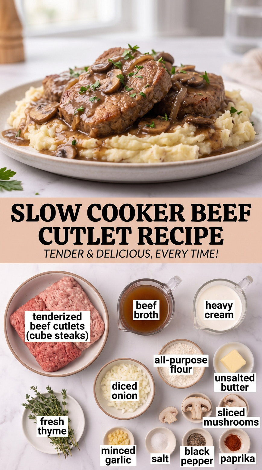 Slow Cooker Beef Cutlets with Onion-Mushroom Gravy prepared as a finished slow cooker beef cutlet recipe recipe with browned cutlets ready to serve