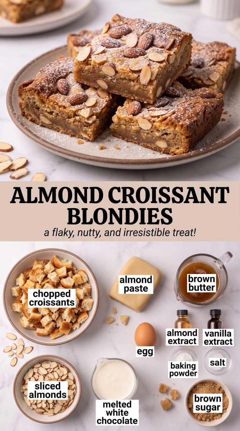 Almond Croissant Blondies Recipe showing dense almond croissant blondies with croissant pieces, brown butter, white chocolate and sliced almonds