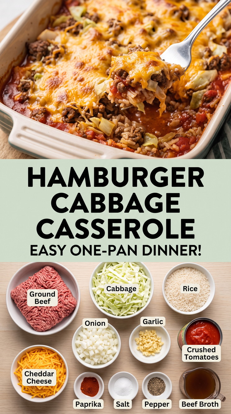 Hamburger Cabbage Casserole with hamburger cabbage casserole with rice, tomatoes, cheddar, onion, garlic, and paprika