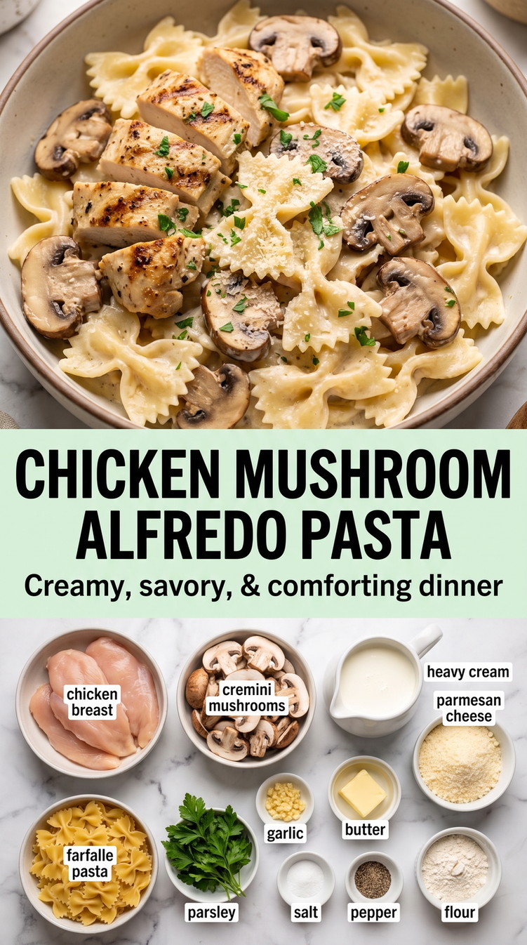 Chicken mushroom alfredo pasta showing creamy pasta coated in Parmesan sauce with tender chicken