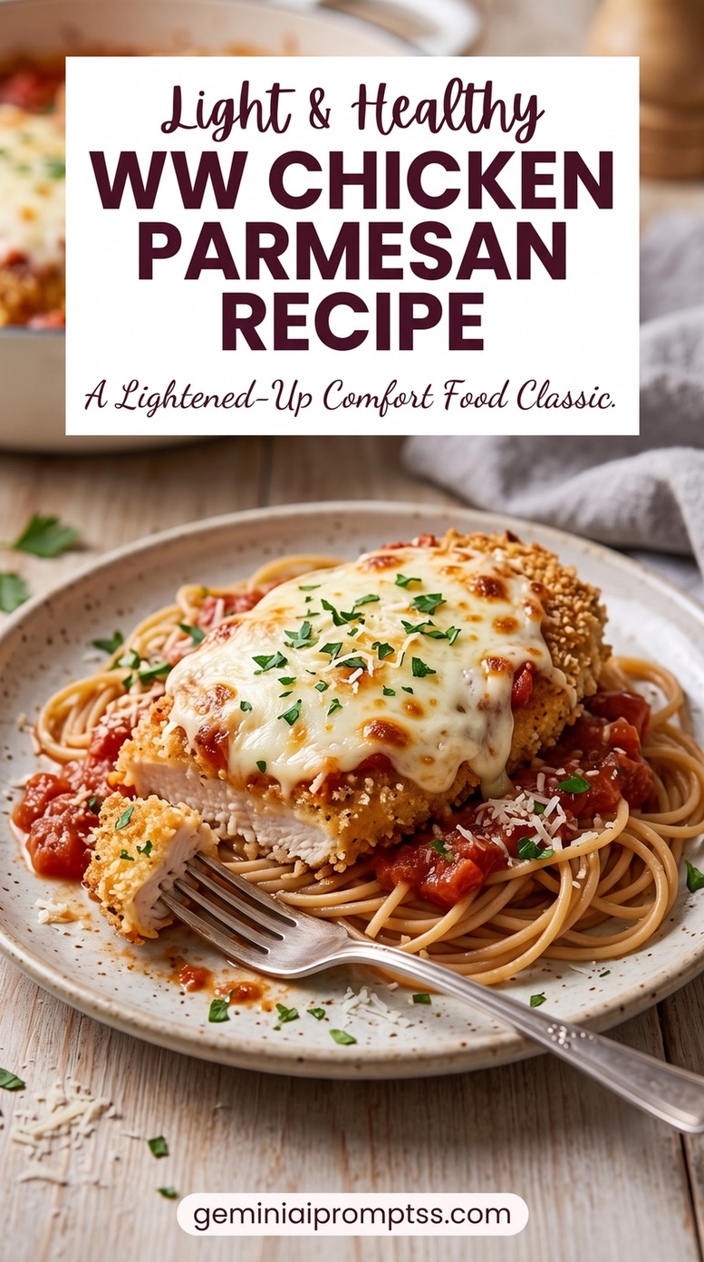 Ww Chicken Parmesan Recipe with golden chicken cutlets with a red tomato sauce, melted cheese, Parmesan, and a fresh green herb garnish