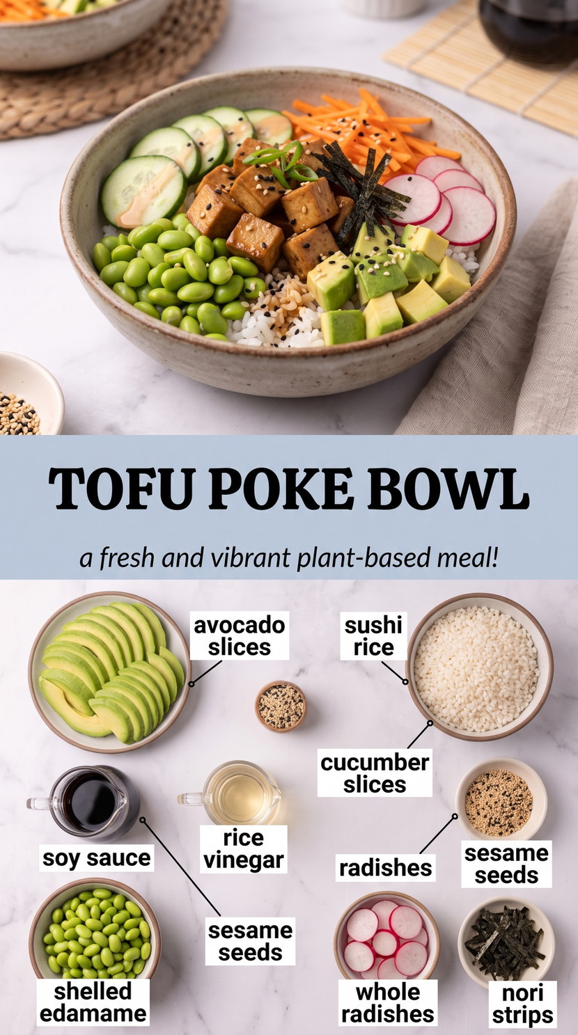 Tofu Poke Bowl showing tofu with rice, avocado, cucumber, edamame, seaweed salad, pickled ginger, sesame, and scallions
