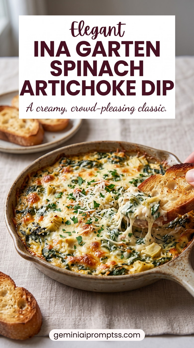 Ina Garten spinach artichoke dip showing a copycat-inspired elegant dip with Gruyère, Parmesan, white wine, artichokes, and spinach