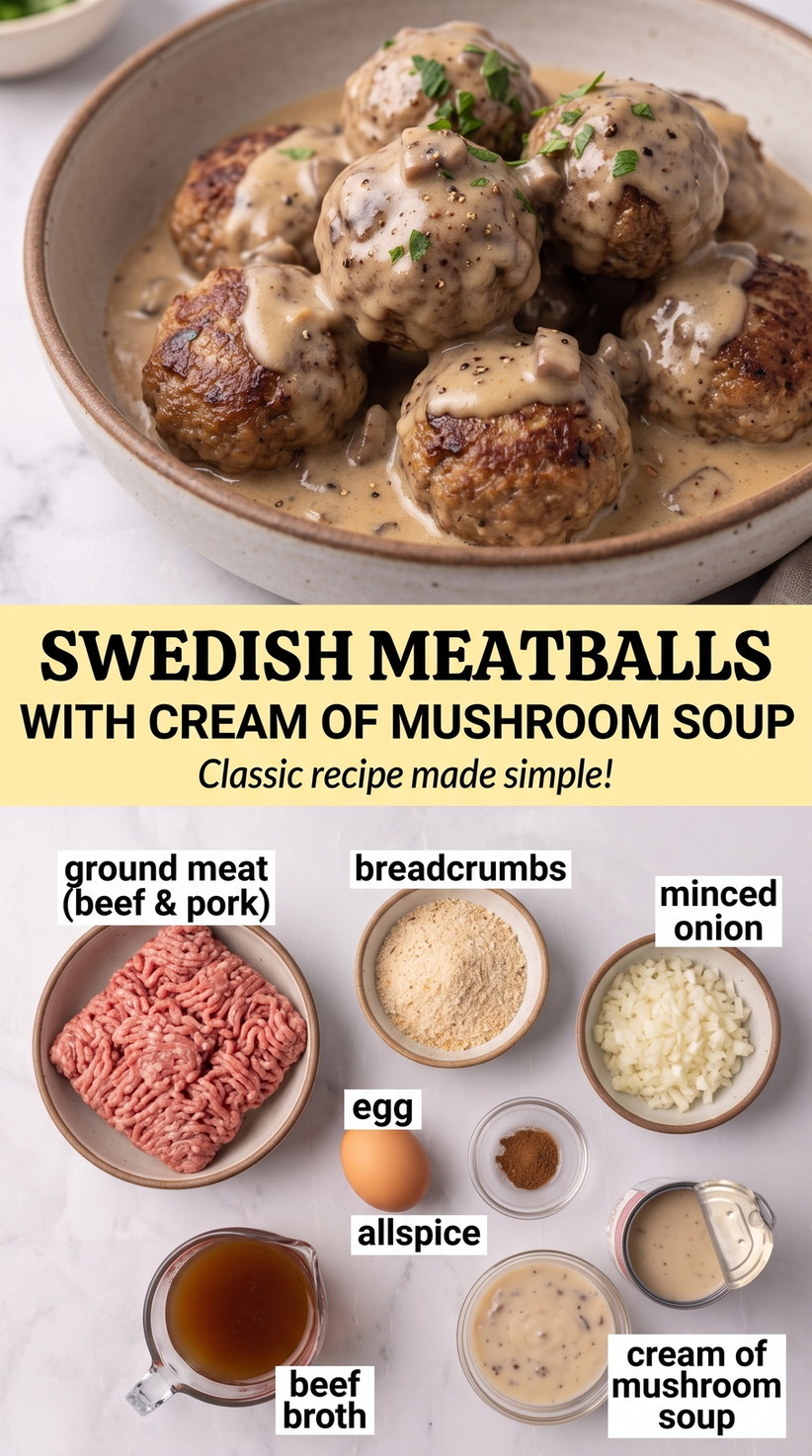Swedish meatballs with cream of mushroom soup finished dish made with ground beef and pork, breadcrumbs, and minced onion