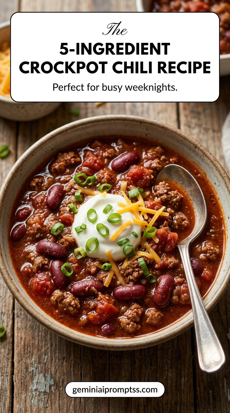 5-Ingredient Crockpot Chili Recipe showing a simple five-ingredient crockpot beef chili with kidney beans, tomato base, cheddar, sour cream, and green onions