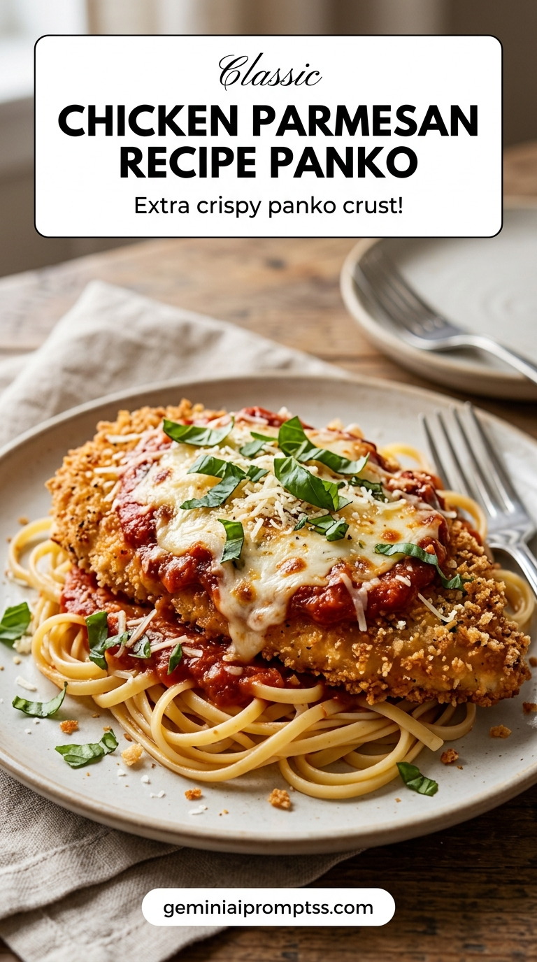 Chicken Parmesan Recipe Panko finished dish with marinara sauce, melted cheese