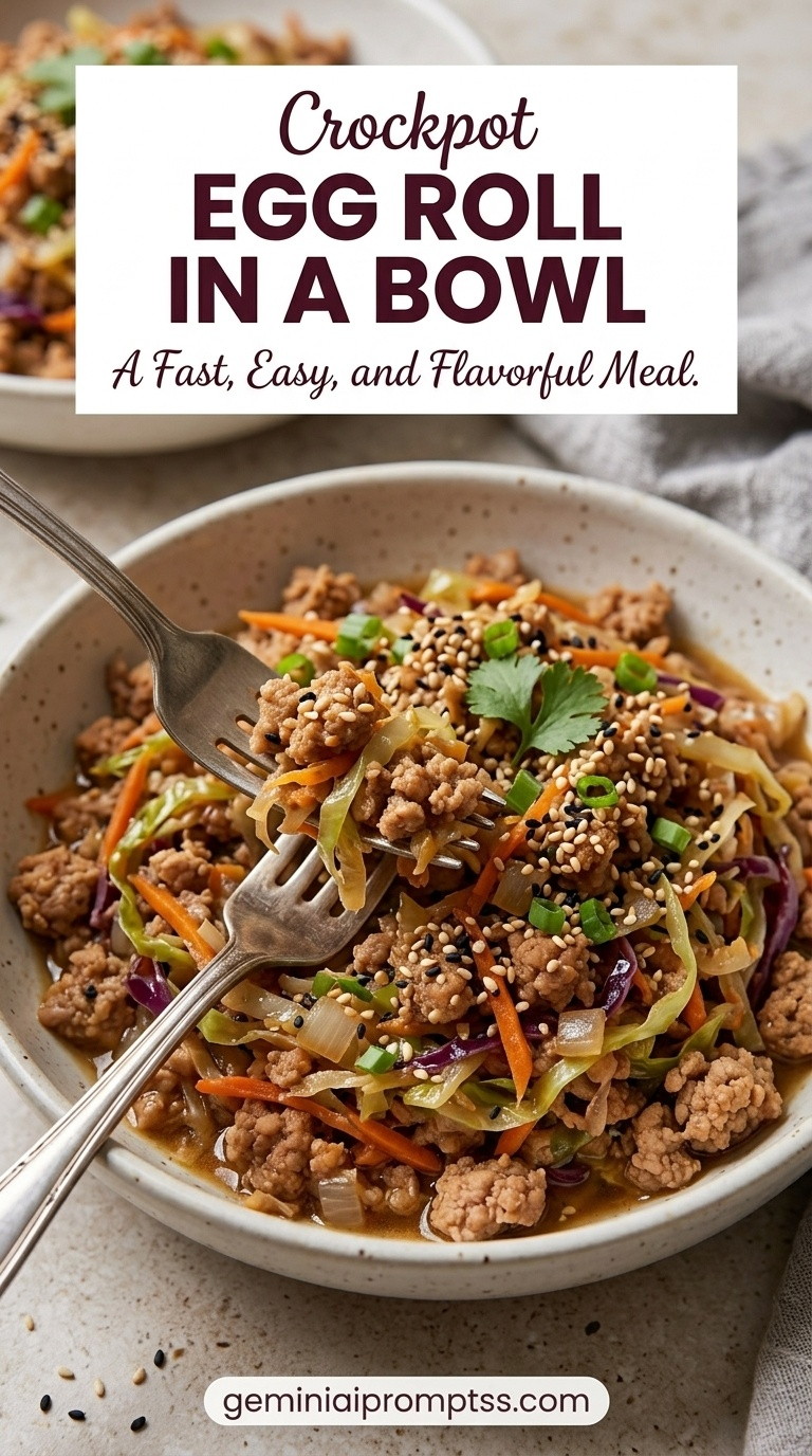 Crockpot Egg Roll in a Bowl showing ground pork with cabbage, carrots, onion, ginger, garlic, scallions, sesame, and savory sauce
