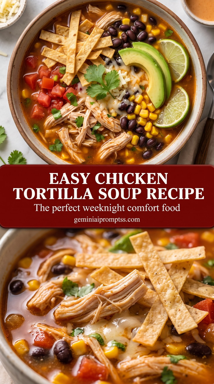 easy chicken tortilla soup with corn and beans with shredded chicken, black beans, corn, tomatoes, lime, and crisp tortilla strips