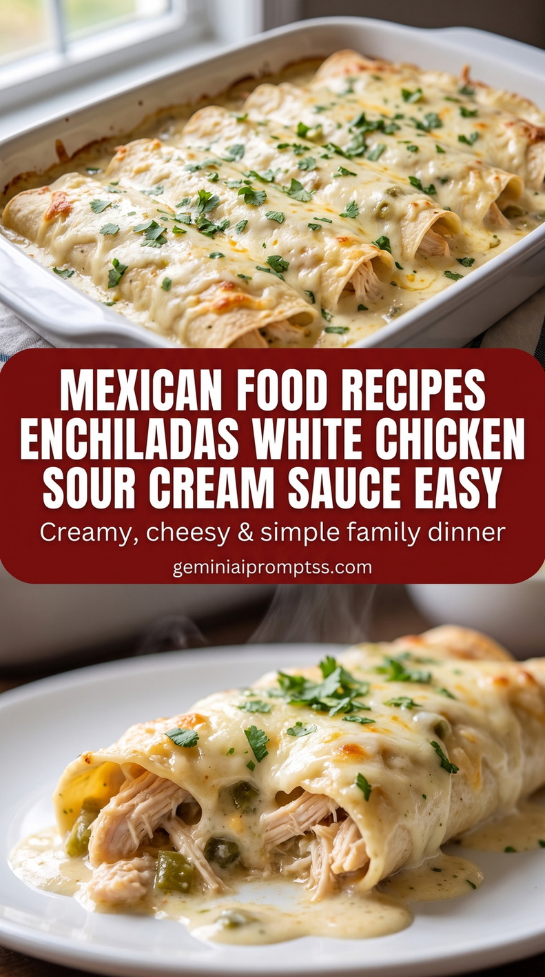 Mexican food recipes enchiladas white chicken sour cream sauce easy showing baked chicken enchiladas covered with bubbling sauce and melted cheese