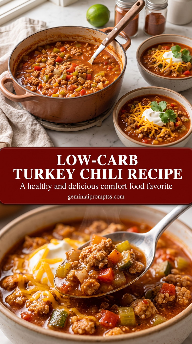 low-carb turkey chili recipe with a bean-free low-carb turkey chili with ground turkey, tomato, green pepper, celery or zucchini, cheddar, and a white creamy topping