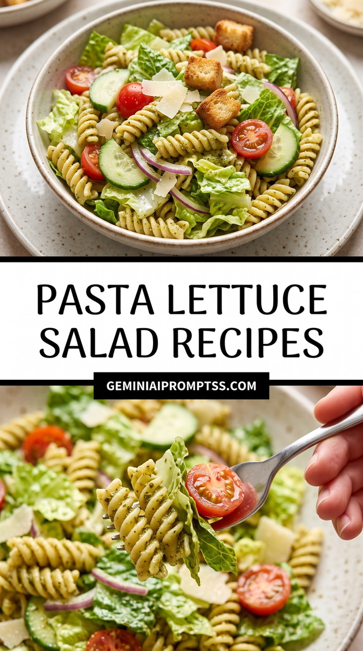 Pasta Lettuce Salad Recipes showing spiral pasta mixed with lettuce, cucumber, tomato, red onion and small cheese pieces