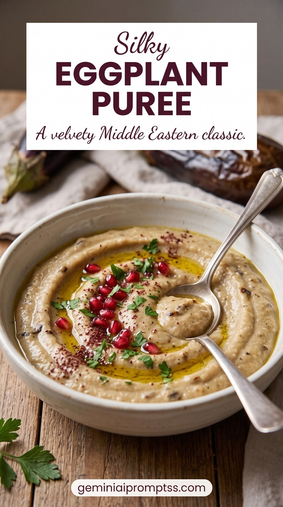 Silky Roasted Eggplant Puree showing silky eggplant puree finished with oil, pomegranate, herbs, and spice