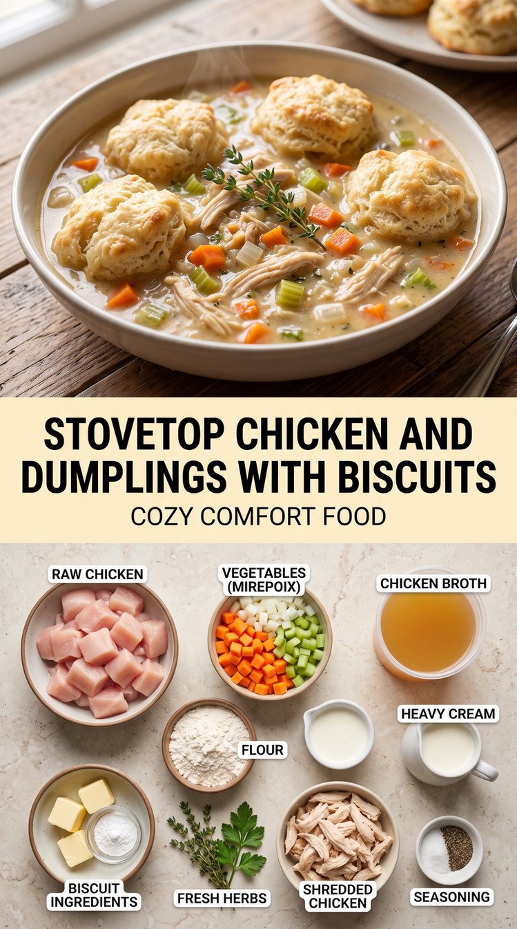 Stovetop Chicken and Dumplings with Biscuits with stovetop chicken and dumplings with mixed vegetables, cream, herbs, and biscuit dumplings