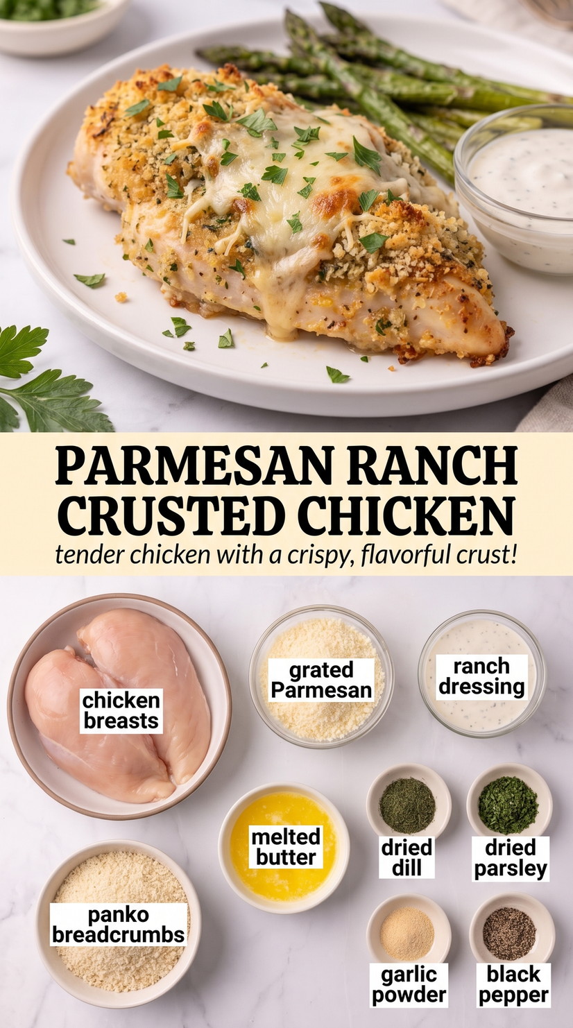 Parmesan ranch crusted chicken showing golden breaded chicken topped with marinara, melted cheese, and herbs