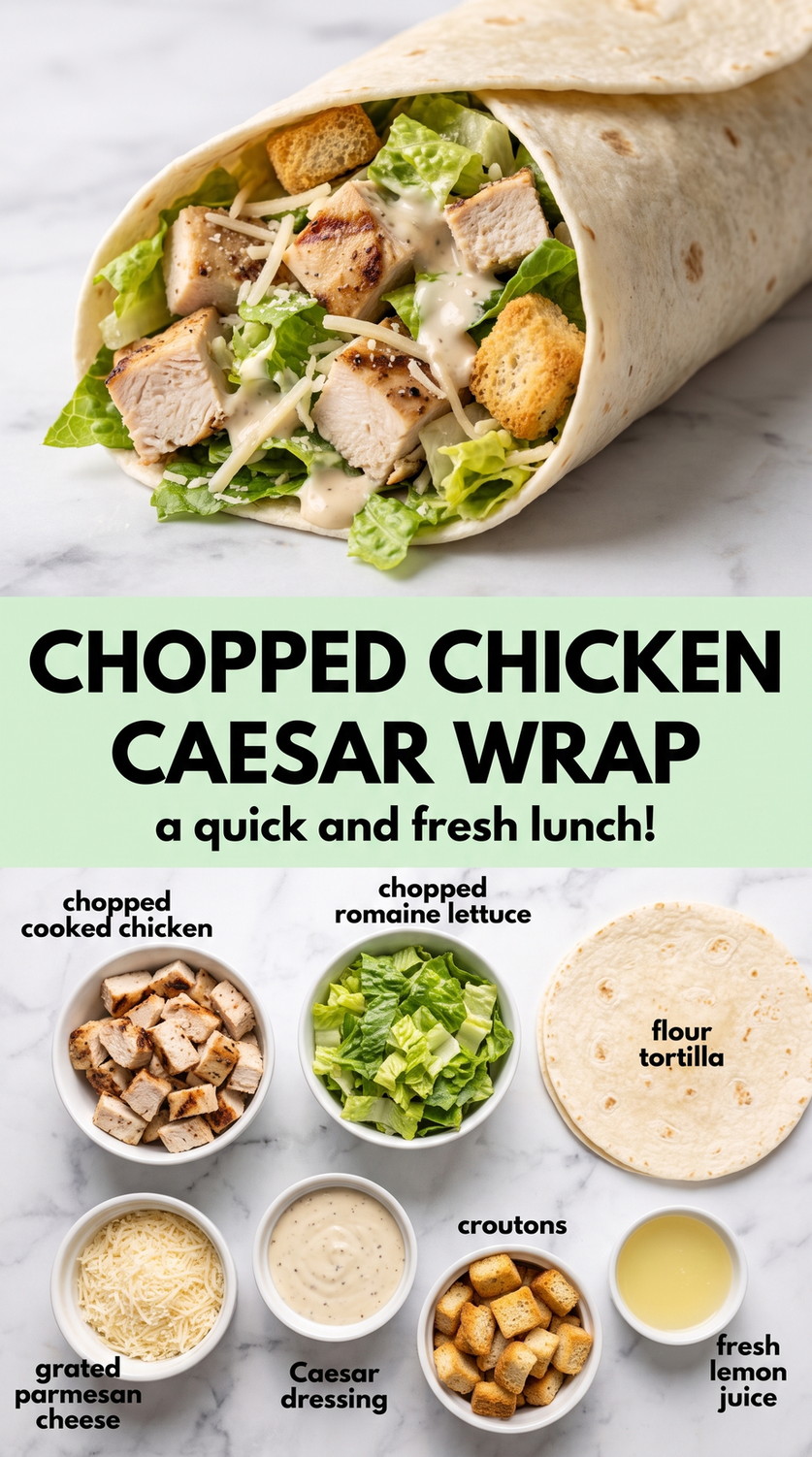 Chopped Chicken Caesar Wrap - chicken with crisp romaine, Parmesan, Caesar dressing, and crunchy toppings