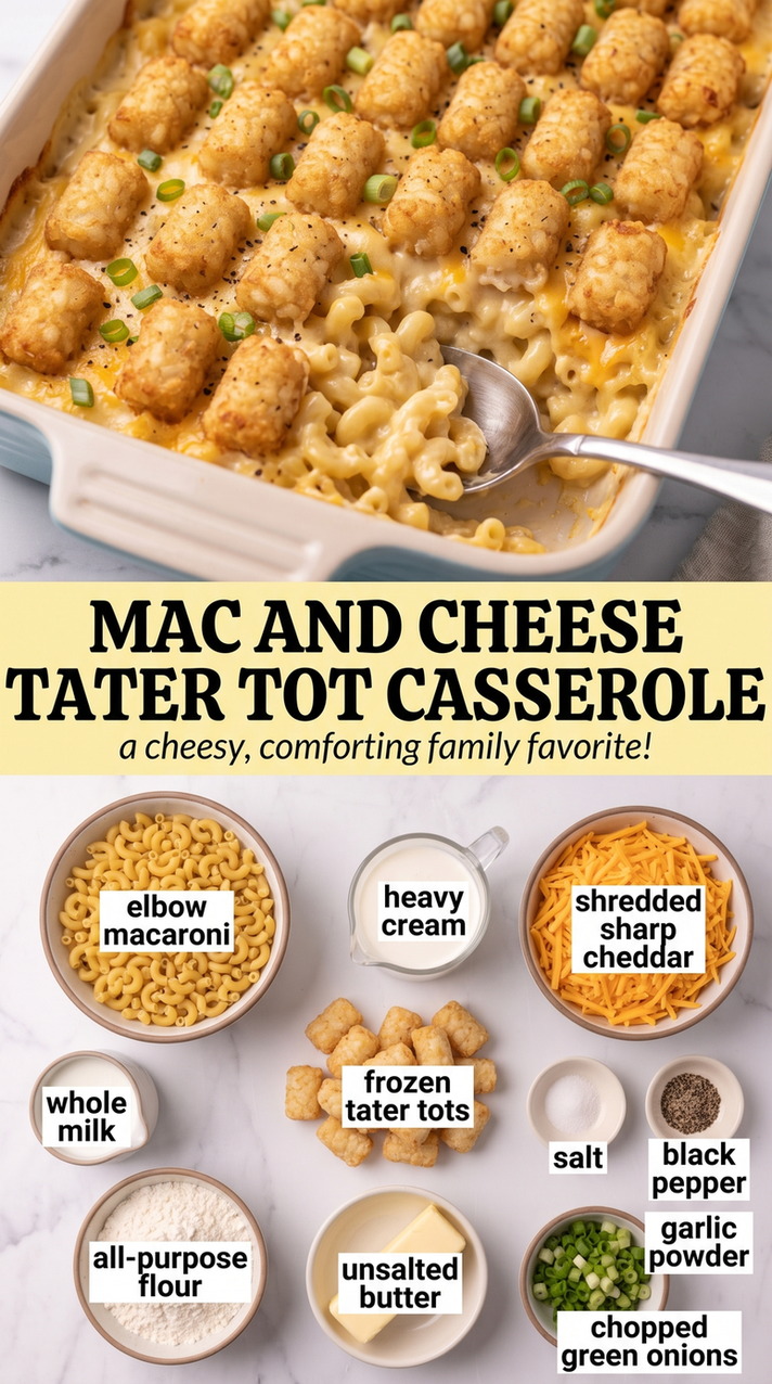 Mac and Cheese Tater Tot Casserole with creamy cheddar macaroni capped with crisp golden tater tots and green onions