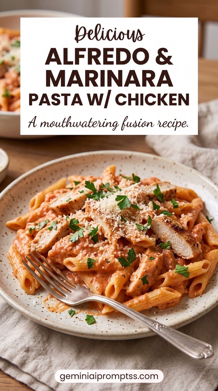 Chicken Alfredo and Marinara Pasta with creamy sauce, chicken, pasta, Parmesan