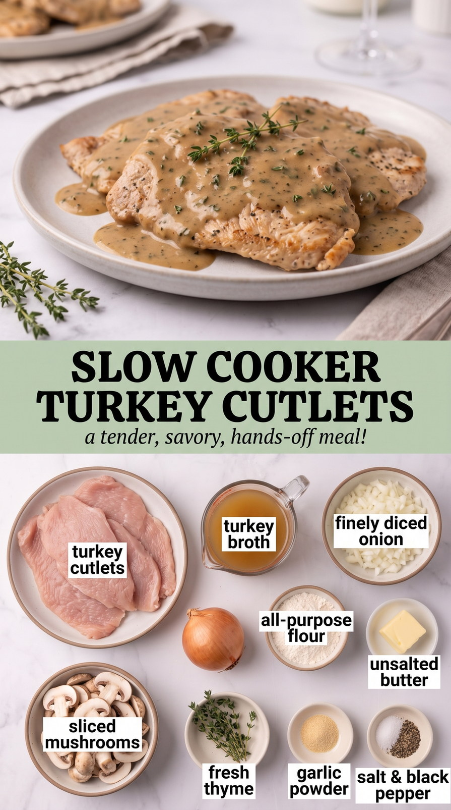 Slow Cooker Turkey Cutlets with Herb Gravy prepared as a finished slow cooker turkey cutlet recipe recipe with browned cutlets ready to serve