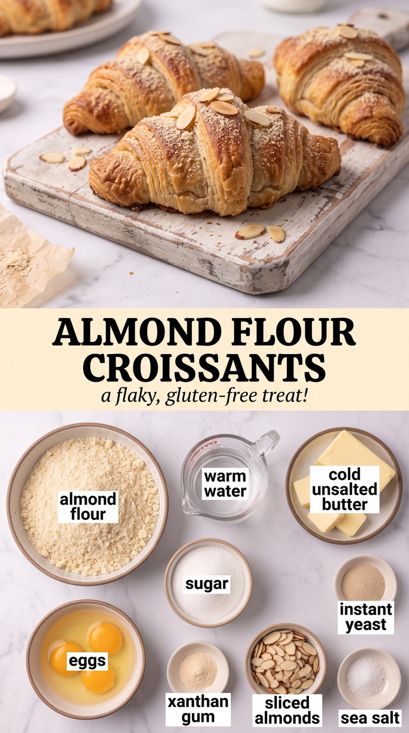 Almond Flour Croissant Recipe showing gluten-free-style almond-flour croissants with browned curved shells and sliced almonds