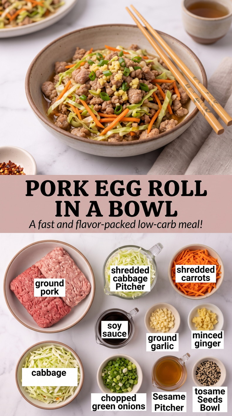 Pork Egg Roll in a Bowl showing ground pork with shredded cabbage, carrots, onion, garlic, ginger, scallions, sesame, and a savory sesame-soy coating