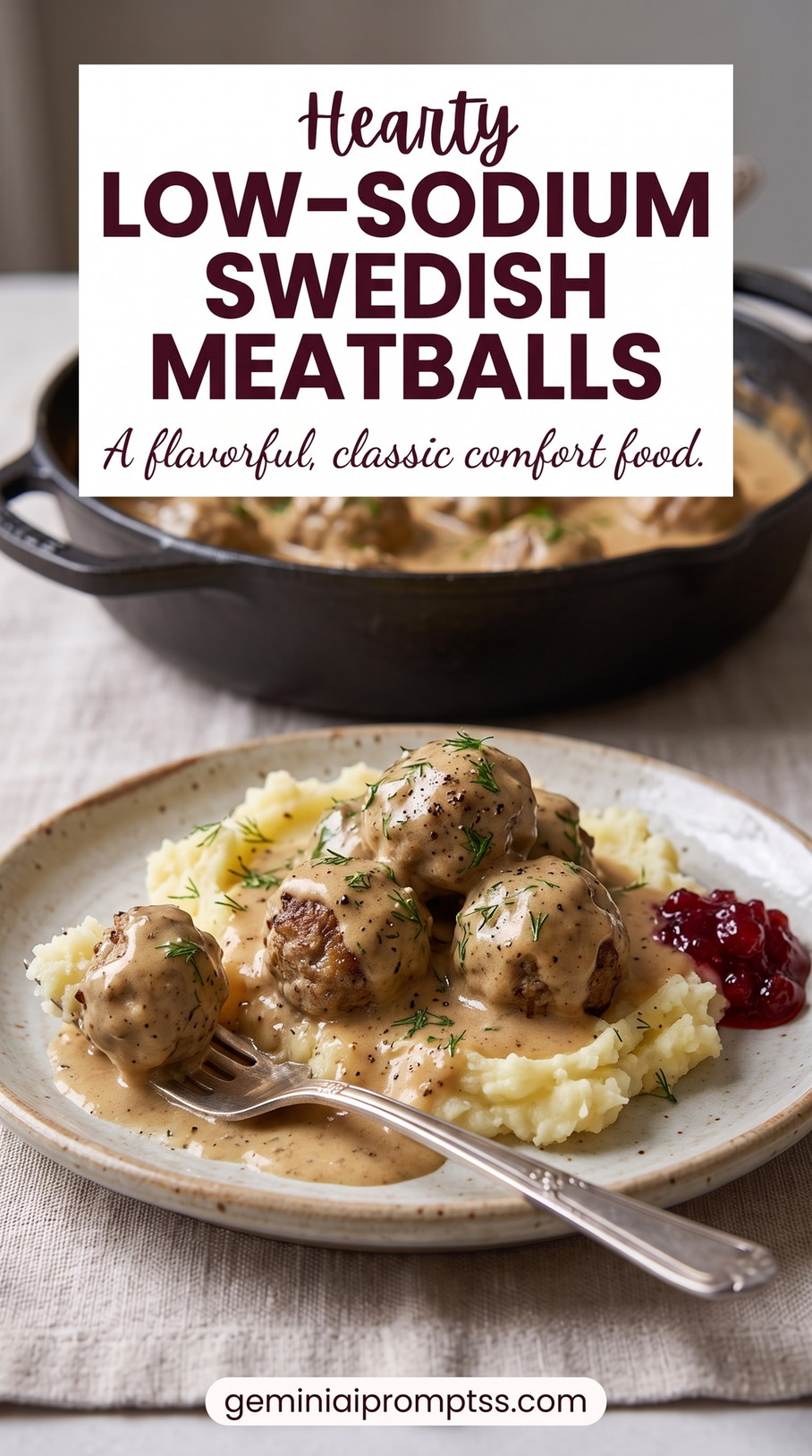 Low-sodium Swedish meatballs showing herb-forward meatballs and unsalted broth gravy with balanced flavor
