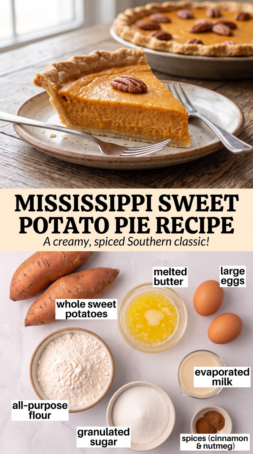 Mississippi sweet potato pie recipe finished dish made with whole sweet potatoes, melted butter, and large eggs