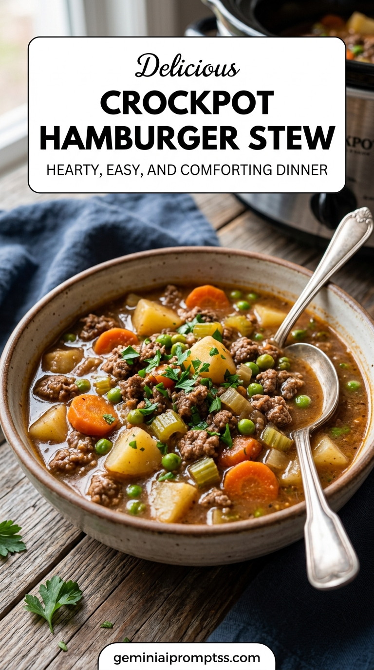Crockpot Hamburger Meat Recipes showing a crockpot hamburger stew with beef, potatoes, carrots, celery, peas, and parsley